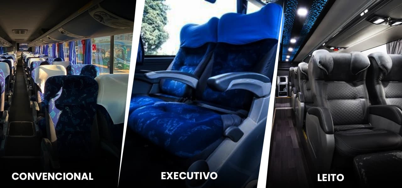 Comparação entre poltronas de ônibus convencional, executivo e leito